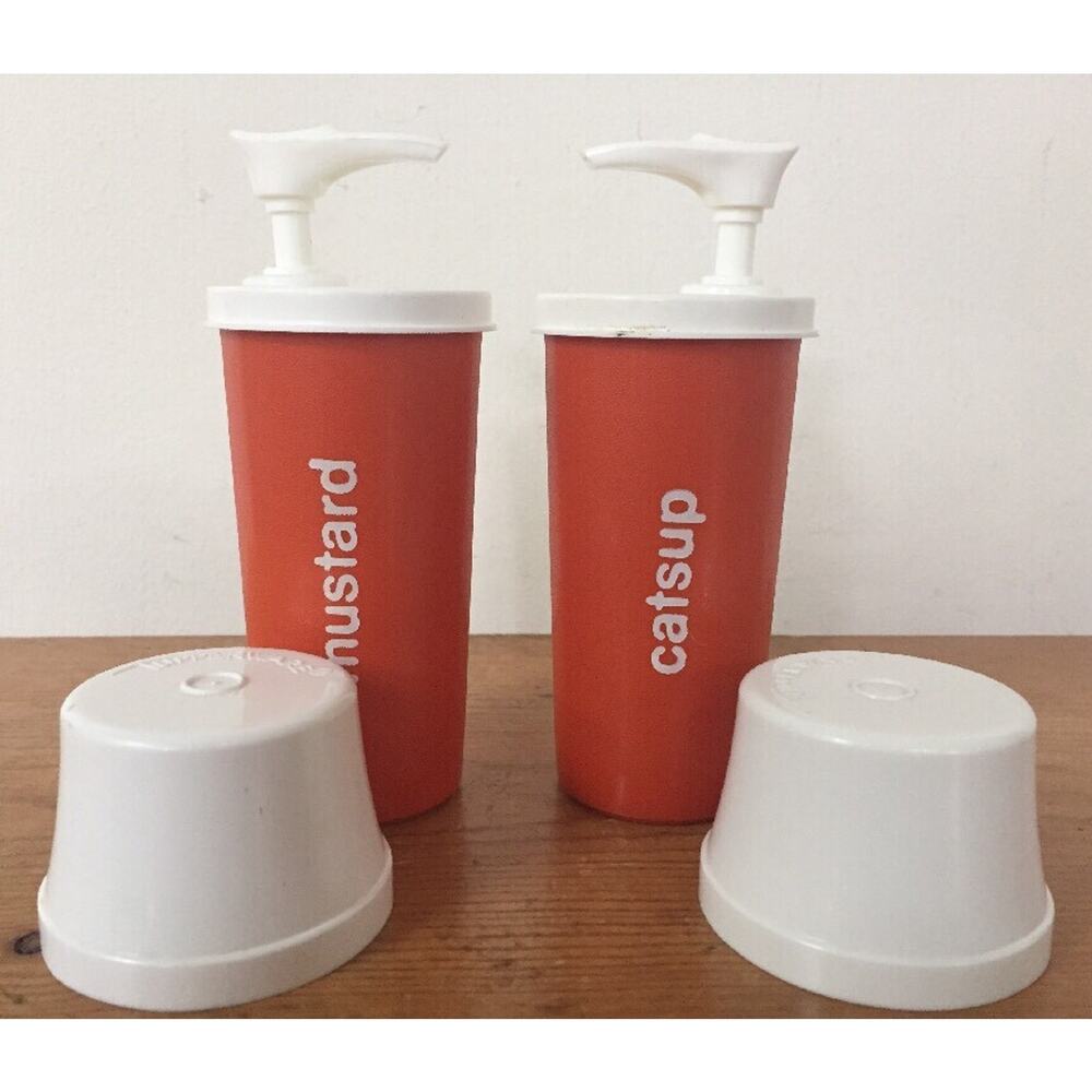 Pair Vintage Tupperware Mustard Catsup Orange Plastic Pump Dispenser Bottles
